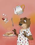  2017 anthro clothed clothing digital_media_(artwork) food fur furrybob male mammal mustelid otter simple_background solo standing 