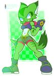  2017 anthro breasts carol_tea clothed clothing feline female fingerless_gloves footwear freedom_planet fur gloves green_eyes green_fur mammal midriff navel pedrovin shoes shorts solo video_games white_belly wildcat 