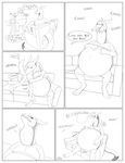  2017 anthro belly big_belly bottomless canine clothed clothing comic dialogue digital_media_(artwork) dragon english_text fully_clothed group inside line_art longlevy mammal monochrome oral_vore overweight simple_background sitting sketch speech_bubble standing text tongue tongue_out vore white_background wolf 
