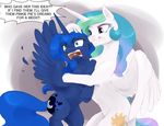  2016 angry blue_eyes blue_feathers blue_fur blue_hair cutie_mark duo english_text equine feathered_wings feathers female feral friendship_is_magic fur hair horn mammal multicolored_hair my_little_pony princess_celestia_(mlp) princess_luna_(mlp) silfoe simple_background text white_background white_feathers white_fur winged_unicorn wings 