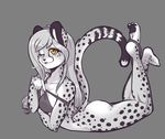  2017 amber_eyes anthro breasts butt cheetah clothed clothing feline female grey_background hair hi_res long_hair looking_at_viewer lying mammal mihari monochrome on_front one_eye_closed scorpdk simple_background solo spot_color spots wink 