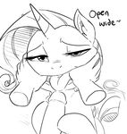  2015 black_and_white dialogue disembodied_hand disembodied_penis duo english_text equine erection female feral friendship_is_magic glacierclear hair half-closed_eyes hi_res horn humanoid_penis looking_at_viewer male male/female mammal monochrome my_little_pony penis rarity_(mlp) solo_focus text tongue tongue_out uncut unicorn 