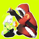  anthro asriel_dreemurr boots caprine clothed clothing crossover duo fire fire_suit footwear fur gas_mask gloves goat green_background hi_res hood lighter long_ears male mammal mask pyro_(team_fortress_2) side_view simple_background sitting sweater team_fortress_2 trandafilov undertale valve video_games white_fur 