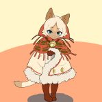  1girl animal_ears aqua_eyes bell brown_footwear brown_mittens closed_mouth clothing_request commentary_request dark_skin feet_together full_body highres jingle_bell kemono_friends looking_at_viewer mittens monster_hunter nat_(gsx-r1300) nekoht platinum_blonde_hair solo tail 