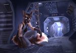  2017 alien_(franchise) anthro canine claws clothed clothing detailed_background digital_media_(artwork) digitigrade dipstick_tail fox fully_clothed industrial inside ladder male mammal multicolored_tail multyashka-sweet solo space spacecraft vehicle 