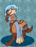  2017 anthro blue_eyes blue_hair bouncyotter breasts brown_fur clothed clothing female fur hair looking_at_viewer mammal mustelid otter shawnthegirl solo 