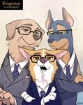  alternate_species anthro canine crossover disney dog english_text eyewear frown glasses group kingsman_the_secret_service male mammal open_mouth rikuta smile text translation_request umbrella zootopia 