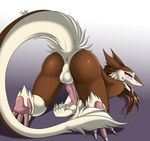  2017 4_toes anthro anus ass_up backsack balls biped blue_eyes blush brown_fur brown_hair brown_tail butt claws digital_media_(artwork) drako1997 erection fur gradient_background grey_claws hair hi_res kahō_aoki long_hair long_tail looking_at_viewer male multicolored_fur multicolored_tail nude open_mouth penis perineum pink_anus pink_penis pink_tongue pointy_ears presenting presenting_hindquarters rear_view seductive sergal sharp_teeth signature simple_background snout solo tail_tuft teeth toe_claws toes tongue tongue_out tuft two_tone_fur two_tone_tail white_balls white_fur white_tail 