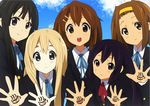  akiyama_mio amano_kouki black_eyes black_hair blazer blonde_hair blue_eyes blush brown_eyes brown_hair cloud day hair_ornament hairband hairclip hands hirasawa_yui jacket k-on! kotobuki_tsumugi logo long_hair multiple_girls nakano_azusa official_style outstretched_hand school_uniform short_hair tainaka_ritsu twintails 