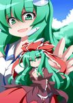  green_eyes green_hair hair_ornament hair_ribbon highres kagiyama_hina kochiya_sanae multiple_girls oborotsuki_kakeru ribbon touhou 