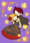  1girl beatrice blonde_hair blue_eyes bug butterfly chibi dress flower formal hair_flower hair_ornament insect kashiwa_kiseri necktie red_hair ribbon rose smile umineko_no_naku_koro_ni ushiromiya_battler 