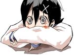  black_hair bleeding blood bloodshot_eyes bloody_tears covering_face crossed_arms fuura_kafuka grey_eyes hair_ornament hairclip richa_doa sayonara_zetsubou_sensei school_uniform serafuku short_hair simple_background solo tears 