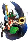  arm_cannon asymmetrical_clothes bad_id bad_pixiv_id black_sun bow brown_hair cape eyes green_bow hair_bow long_hair mismatched_footwear red_eyes reiuji_utsuho solo sun touhou weapon wings yukizen 