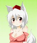  animal_ears bad_id bad_pixiv_id bare_shoulders blush breasts cleavage hat inubashiri_momiji japanese_clothes kimono large_breasts off_shoulder poco_(pocoyb) red_eyes short_hair silver_hair solo tail tokin_hat touhou upper_body wolf_ears wolf_tail 