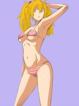  alternate_hairstyle armpits arms_behind_head bikini blue_eyes breasts lowres medium_breasts neon_genesis_evangelion orange_hair sanchuu simple_background solo souryuu_asuka_langley striped swimsuit twintails underboob 