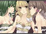  bad_id bad_pixiv_id bare_shoulders black_eyes blonde_hair bow breasts brown_hair cleavage green_eyes green_hair hair_bow hair_ornament hakurei_reimu kirisame_marisa kochiya_sanae large_breasts letterboxed long_hair multiple_girls purple_eyes rimu_(kingyo_origin) snake touhou upper_body 