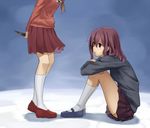  kamakurako kneehighs knife leg_hug legs madotsuki makinommm multiple_girls purple_skirt shoes skirt socks white_legwear yume_nikki 