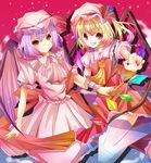  absurdres ascot bat_wings blonde_hair blush bow dress fang flandre_scarlet hat highres multicolored multicolored_eyes multiple_girls open_mouth ponytail purple_hair remilia_scarlet ruki0909 short_hair siblings side_ponytail sisters smile touhou wings 