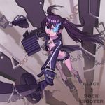  bikini_top black_hair black_rock_shooter black_rock_shooter_(character) blue_eyes burning_eye coat flat_chest front-tie_top gloves gun jacket long_hair midriff panties solo striped striped_panties sword twintails underwear wardrobe_malfunction weapon yuksi 