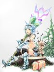  aqua_eyes belt blue_hair boots cat elbow_gloves felyne fur gloves hairband horn horn_(instrument) kirin_(armor) midriff monster_hunter music navel pig poogie sitting sitting_on_tree_stump skirt thigh_boots thighhighs touge_(kubiwa_tsuki) tree_stump 