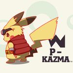  cosplay gen_1_pokemon goggles goggles_on_head hairy_pikachu king_kazuma king_kazuma_(cosplay) no_humans parody pikachu pokemon pokemon_(creature) solo summer_wars tsuji 
