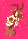  animal_ears bad_id bad_pixiv_id brown_eyes brown_hair bunny_ears bunnysuit erika_(sakana0529) guitar hair_ribbon highres instrument jumping pantyhose ribbon short_hair solo suzumiya_haruhi suzumiya_haruhi_no_yuuutsu sweat 