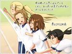  akiyama_mio bad_id bad_pixiv_id black_eyes black_hair blonde_hair brown_eyes brown_hair gym_uniform hirasawa_yui k-on! kimuti-g kotobuki_tsumugi long_hair multiple_girls ponytail ribbon short_hair tainaka_ritsu translated tripping 