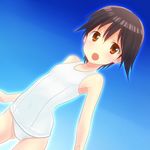  brown_hair dutch_angle highres koumo miyafuji_yoshika one-piece_swimsuit red_eyes school_swimsuit short_hair solo strike_witches swimsuit white_school_swimsuit white_swimsuit world_witches_series 
