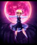  blonde_hair fang full_moon hair_ribbon highres letterboxed moon open_mouth outstretched_arms petticoat red_eyes red_moon ribbon rumia short_hair sky smile solo spread_arms star_(sky) starry_sky takeponi touhou 