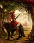  animal big_bad_wolf_(grimm) blue_legwear boots bracer brown_hair cloud dress forest grimm's_fairy_tales gun hood house kneehighs lace lan_wu little_red_riding_hood little_red_riding_hood_(grimm) nature riding socks solo striped striped_legwear tree vertical-striped_legwear vertical_stripes weapon wolf 