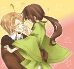  1girl ahoge america_(hetalia) axis_powers_hetalia bad_id bad_pixiv_id brown_hair cheek_pinching closed_eyes couple gari-eri glasses hetero pinching vietnam_(hetalia) 