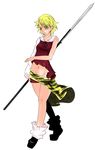  alternate_costume aoshima asymmetrical_clothes bishamonten's_spear blonde_hair bow groin highres midriff navel no_panties open_mouth polearm short_hair skirt socks solo spear toramaru_shou touhou weapon yellow_eyes 