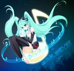 aqua_eyes aqua_hair bad_id bad_pixiv_id barefoot belt bridal_gauntlets elbow_gloves feet fingerless_gloves gloves hatsune_miku hatsune_miku_(append) juna long_hair musical_note necktie smile solo twintails very_long_hair vocaloid vocaloid_append 