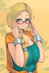  bespectacled bianca blonde_hair blue_eyes blush bracelet braid breasts cape choker cleavage dragon_quest dragon_quest_v earrings glasses hair_over_shoulder jewelry large_breasts long_hair ring single_braid smile solo taru_neko 