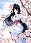  black_hair branch cherry_blossoms copyright_request dress in_tree jewelry long_hair lowres necklace purple_eyes shiitake_(gensoudou) short_sleeves sitting solo tree white_dress 
