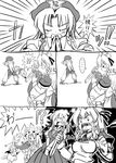  5girls :t =_= eating fang greyscale highres hong_meiling izayoi_sakuya knife koakuma monochrome multiple_girls patchouli_knowledge remilia_scarlet surprised tail touhou yuki_hime_haruka 