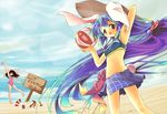  animal_ears bad_id bad_pixiv_id ball beach beachball bikini_top blue_sarong bunny_ears bunny_tail casual_one-piece_swimsuit gradient_hair inaba_tewi lens_flare long_hair multicolored_hair multiple_girls navel one-piece_swimsuit plaid plaid_sarong reisen_udongein_inaba sarong sports_bikini swimsuit tail touhou zico 