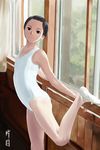  arched_back bad_id bad_pixiv_id ballerina ballet ballet_slippers barre black_eyes black_hair copyright_request flat_chest highres katame_(senajunji) leg_up leotard pantyhose reflection short_hair solo white_legwear window 