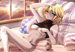  :3 bad_anatomy bad_proportions bare_shoulders bed blonde_hair blush breasts character_doll doll green_eyes hazuki_kasane horn hoshiguma_yuugi hot indoors lying medium_breasts midriff mizuhashi_parsee navel no_pants on_back pillow pointy_ears room socks solo sun sunset sweat touhou underboob 