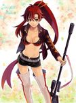  anti-materiel_rifle bikini_top boots breasts cleavage gun jacket kome_(kokomoti) lipstick long_hair makeup medium_breasts older ponytail red_hair rifle shorts sniper_rifle solo tegaki tengen_toppa_gurren_lagann thigh_boots thighhighs very_long_hair weapon yellow_eyes yoko_littner 