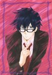  absurdres adjusting_clothes adjusting_necktie bespectacled blue_eyes blue_hair fashion formal glasses hayashi_akemi highres male_focus necktie official_art scan simon solo tengen_toppa_gurren_lagann 