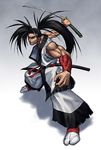  black_hair fighting_stance haoumaru japanese_clothes long_hair male_focus micchii_(mitchiee) muscle ponytail samurai_spirits solo sword weapon 