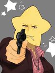  aiming_at_viewer arakawa_under_the_bridge bad_id bad_pixiv_id brown_eyes cigarette grin gun handgun hands hoshi_(arakawa) jacket jewelry kairi_(minishiba3) male_focus mask necklace perspective pun revolver simple_background smile smoking solo star weapon 