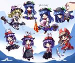  :&gt; :&lt; blonde_hair blue_hair bow broom brown_eyes brown_hair chibi clone detached_sleeves food frills fruit gohei hair_bow hakurei_reimu hat hinanawi_tenshi keystone kirisame_marisa long_hair minigirl multiple_girls nagae_iku peach purple_hair red_eyes rope shawl shide shimenawa short_hair sitting smile sword sword_of_hisou touhou umigarasu_(kitsune1963) v_arms wavy_mouth weapon witch_hat yellow_eyes 