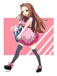  bag black_bow black_footwear black_legwear bow brown_eyes brown_hair bunny dress hairband idolmaster idolmaster_(classic) idolmaster_2 long_hair mamezou minase_iori pink_bow shoe_bow shoes solo stuffed_animal stuffed_bunny stuffed_toy thighhighs walking zettai_ryouiki 