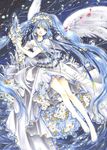  angel angel_wings barefoot blue_eyes blue_hair braid copyright_request crystal dress feet flower jewelry legs long_hair shiitake_(gensoudou) solo twintails very_long_hair water wings 