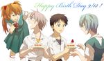  2girls ayanami_rei bad_id bad_pixiv_id black_hair blue_eyes blue_hair cake food fruit happy_birthday ikari_shinji kneehighs long_hair multiple_boys multiple_girls nagisa_kaworu neon_genesis_evangelion open_mouth orange_hair pastry pointing red_eyes school_uniform short_hair silver_hair simple_background smile socks souryuu_asuka_langley strawberry unome_(tknm) 