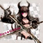  aco_(koaya_ako) bikini_top black_gold_saw black_hair black_rock_shooter checkered dual_wielding gloves holding horns long_hair pink_eyes solo sword weapon 