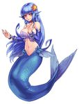  bikini_top blue_hair bracelet detached_sleeves fins full_body hair_ornament head_fins head_tilt jewelry kenkou_cross long_hair looking_at_viewer mermaid mermaid_(monster_girl_encyclopedia) midriff monster_girl monster_girl_encyclopedia navel official_art original scales seashell shell shell_bikini simple_background smile solo star star_hair_ornament white_background 