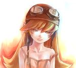  bakemonogatari bare_shoulders blonde_hair collarbone face goggles goggles_on_head helmet jitome lips long_hair monogatari_(series) oshino_shinobu pointy_ears solo strap_slip yellow_eyes zrero 